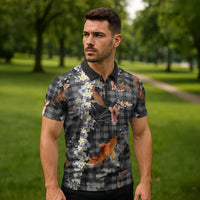 Black Palaka Hawaiian And Japanese Zipper Polo Shirt Sakura Lei With Koi Fish DT05 - Polynesian Pride