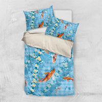 Blue Palaka Hawaiian And Japanese Bedding Set Sakura Lei With Koi Fish - Polynesian Pride