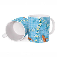 Blue Palaka Hawaiian And Japanese Ceramic Mug Sakura Lei With Koi Fish - Polynesian Pride