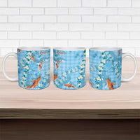 Blue Palaka Hawaiian And Japanese Ceramic Mug Sakura Lei With Koi Fish - Polynesian Pride