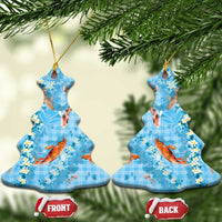 Blue Palaka Hawaiian And Japanese Ceramic Ornament Sakura Lei With Koi Fish - Polynesian Pride