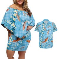 Blue Palaka Hawaiian And Japanese Couples Matching Off Shoulder Short Dress and Hawaiian Shirt Sakura Lei With Koi Fish - Polynesian Pride