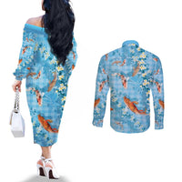 Blue Palaka Hawaiian And Japanese Couples Matching Off The Shoulder Long Sleeve Dress and Long Sleeve Button Shirt Sakura Lei With Koi Fish - Polynesian Pride