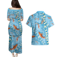 Blue Palaka Hawaiian And Japanese Couples Matching Puletasi and Hawaiian Shirt Sakura Lei With Koi Fish - Polynesian Pride