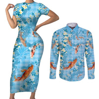 Blue Palaka Hawaiian And Japanese Couples Matching Short Sleeve Bodycon Dress and Long Sleeve Button Shirt Sakura Lei With Koi Fish - Polynesian Pride