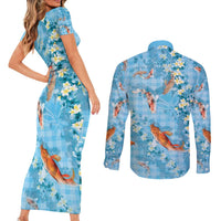 Blue Palaka Hawaiian And Japanese Couples Matching Short Sleeve Bodycon Dress and Long Sleeve Button Shirt Sakura Lei With Koi Fish DT05 - Polynesian Pride