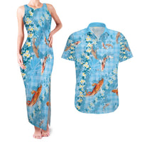 Blue Palaka Hawaiian And Japanese Couples Matching Tank Maxi Dress and Hawaiian Shirt Sakura Lei With Koi Fish - Polynesian Pride