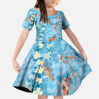 Blue Palaka Hawaiian And Japanese Family Matching Mermaid Dress and Hawaiian Shirt Sakura Lei With Koi Fish DT05 Daughter's Dress Blue - Polynesian Pride