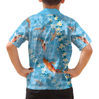 Blue Palaka Hawaiian And Japanese Family Matching Off The Shoulder Long Sleeve Dress and Hawaiian Shirt Sakura Lei With Koi Fish DT05 - Polynesian Pride