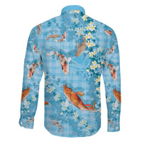 Blue Palaka Hawaiian And Japanese Family Matching Off Shoulder Short Dress and Hawaiian Shirt Sakura Lei With Koi Fish DT05 - Polynesian Pride