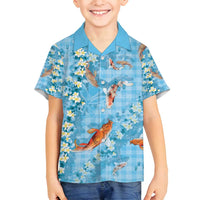 Blue Palaka Hawaiian And Japanese Family Matching Off Shoulder Short Dress and Hawaiian Shirt Sakura Lei With Koi Fish - Polynesian Pride