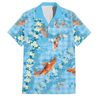 Blue Palaka Hawaiian And Japanese Family Matching Puletasi and Hawaiian Shirt Sakura Lei With Koi Fish DT05 Dad's Shirt - Short Sleeve Blue - Polynesian Pride