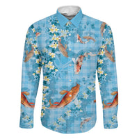 Blue Palaka Hawaiian And Japanese Family Matching Summer Maxi Dress and Hawaiian Shirt Sakura Lei With Koi Fish DT05 Dad's Shirt - Long Sleeve Blue - Polynesian Pride