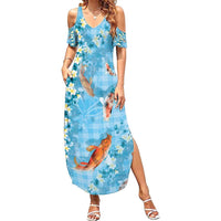 Blue Palaka Hawaiian And Japanese Family Matching Summer Maxi Dress and Hawaiian Shirt Sakura Lei With Koi Fish - Polynesian Pride