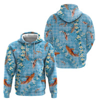 Blue Palaka Hawaiian And Japanese Hoodie Sakura Lei With Koi Fish - Polynesian Pride