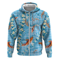 Blue Palaka Hawaiian And Japanese Hoodie Sakura Lei With Koi Fish - Polynesian Pride
