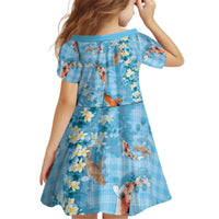 Blue Palaka Hawaiian And Japanese Kid Short Sleeve Dress Sakura Lei With Koi Fish DT05 - Polynesian Pride