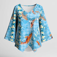 Blue Palaka Hawaiian And Japanese Kimono Sleeve Blouse Sakura Lei With Koi Fish - Polynesian Pride
