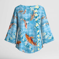 Blue Palaka Hawaiian And Japanese Kimono Sleeve Blouse Sakura Lei With Koi Fish - Polynesian Pride