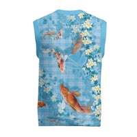 Blue Palaka Hawaiian And Japanese Christmas Knitted V-Neck Vest Sakura Lei With Koi Fish - Polynesian Pride