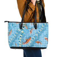 Blue Palaka Hawaiian And Japanese Leather Tote Bag Sakura Lei With Koi Fish - Polynesian Pride