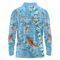 Blue Palaka Hawaiian And Japanese Long Sleeve Polo Shirt Sakura Lei With Koi Fish - Polynesian Pride