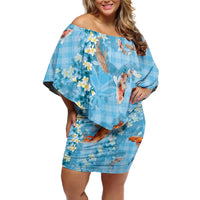 Blue Palaka Hawaiian And Japanese Off Shoulder Short Dress Sakura Lei With Koi Fish - Polynesian Pride