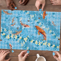 Blue Palaka Hawaiian And Japanese Puzzle Sakura Lei With Koi Fish - Polynesian Pride