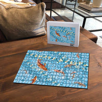 Blue Palaka Hawaiian And Japanese Puzzle Sakura Lei With Koi Fish - Polynesian Pride