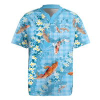 Blue Palaka Hawaiian And Japanese Rugby Jersey Sakura Lei With Koi Fish - Polynesian Pride