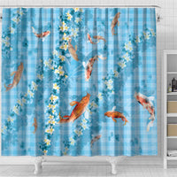 Blue Palaka Hawaiian And Japanese Shower Curtain Sakura Lei With Koi Fish - Polynesian Pride