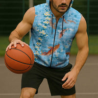 Blue Palaka Hawaiian And Japanese Sleeveless Zip Hoodie Sakura Lei With Koi Fish - Polynesian Pride