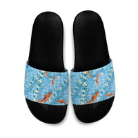 Blue Palaka Hawaiian And Japanese Slide Sandals Sakura Lei With Koi Fish - Polynesian Pride