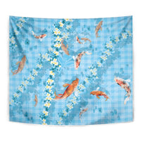 Blue Palaka Hawaiian And Japanese Tapestry Sakura Lei With Koi Fish - Polynesian Pride