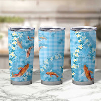 Blue Palaka Hawaiian And Japanese Tumbler Cup Sakura Lei With Koi Fish - Polynesian Pride