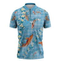 Blue Palaka Hawaiian And Japanese Zipper Polo Shirt Sakura Lei With Koi Fish DT05 Blue - Polynesian Pride