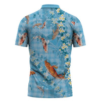 Blue Palaka Hawaiian And Japanese Zipper Polo Shirt Sakura Lei With Koi Fish DT05 - Polynesian Pride