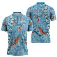 Blue Palaka Hawaiian And Japanese Zipper Polo Shirt Sakura Lei With Koi Fish DT05 - Polynesian Pride