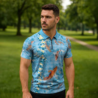 Blue Palaka Hawaiian And Japanese Zipper Polo Shirt Sakura Lei With Koi Fish DT05 - Polynesian Pride