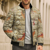 Beige Palaka Hawaiian And Japanese Bomber Puffer Jacket Sakura Lei With Koi Fish - Polynesian Pride