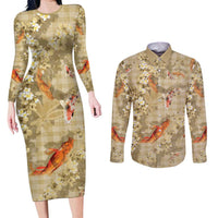 Beige Palaka Hawaiian And Japanese Couples Matching Long Sleeve Bodycon Dress and Long Sleeve Button Shirt Sakura Lei With Koi Fish - Polynesian Pride