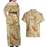 Beige Palaka Hawaiian And Japanese Couples Matching Off Shoulder Maxi Dress and Hawaiian Shirt Sakura Lei With Koi Fish - Polynesian Pride