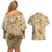 Beige Palaka Hawaiian And Japanese Couples Matching Off Shoulder Short Dress and Hawaiian Shirt Sakura Lei With Koi Fish - Polynesian Pride