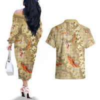 Beige Palaka Hawaiian And Japanese Couples Matching Off The Shoulder Long Sleeve Dress and Hawaiian Shirt Sakura Lei With Koi Fish - Polynesian Pride