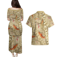 Beige Palaka Hawaiian And Japanese Couples Matching Puletasi and Hawaiian Shirt Sakura Lei With Koi Fish - Polynesian Pride
