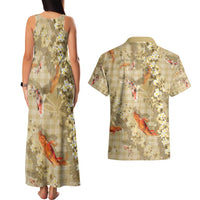 Beige Palaka Hawaiian And Japanese Couples Matching Tank Maxi Dress and Hawaiian Shirt Sakura Lei With Koi Fish - Polynesian Pride
