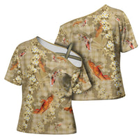 Beige Palaka Hawaiian And Japanese Cross Shoulder Shirt Sakura Lei With Koi Fish - Polynesian Pride