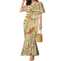 Beige Palaka Hawaiian And Japanese Family Matching Mermaid Dress and Hawaiian Shirt Sakura Lei With Koi Fish DT05 Mom's Dress Beige - Polynesian Pride