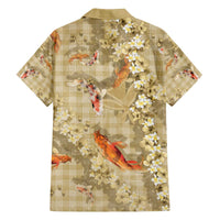 Beige Palaka Hawaiian And Japanese Family Matching Off The Shoulder Long Sleeve Dress and Hawaiian Shirt Sakura Lei With Koi Fish - Polynesian Pride