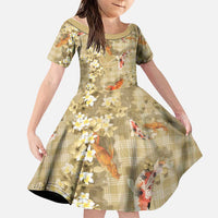 Beige Palaka Hawaiian And Japanese Family Matching Puletasi and Hawaiian Shirt Sakura Lei With Koi Fish DT05 Daughter's Dress Beige - Polynesian Pride